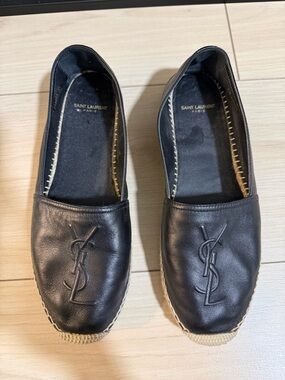 Saint Laurent Black Leather Espadrille Slip-Ons with Embossed YSL